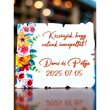 10 db esküvői köszönő ajándék, hűtőmágnes, névre szóló, színes, pasztell virágok oldalt
