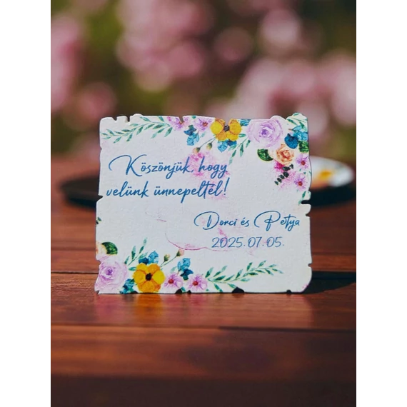 Esküvői köszönő ajándék, hűtőmágnes, névre szóló, színes, pasztell virágok, 10 db / csomag